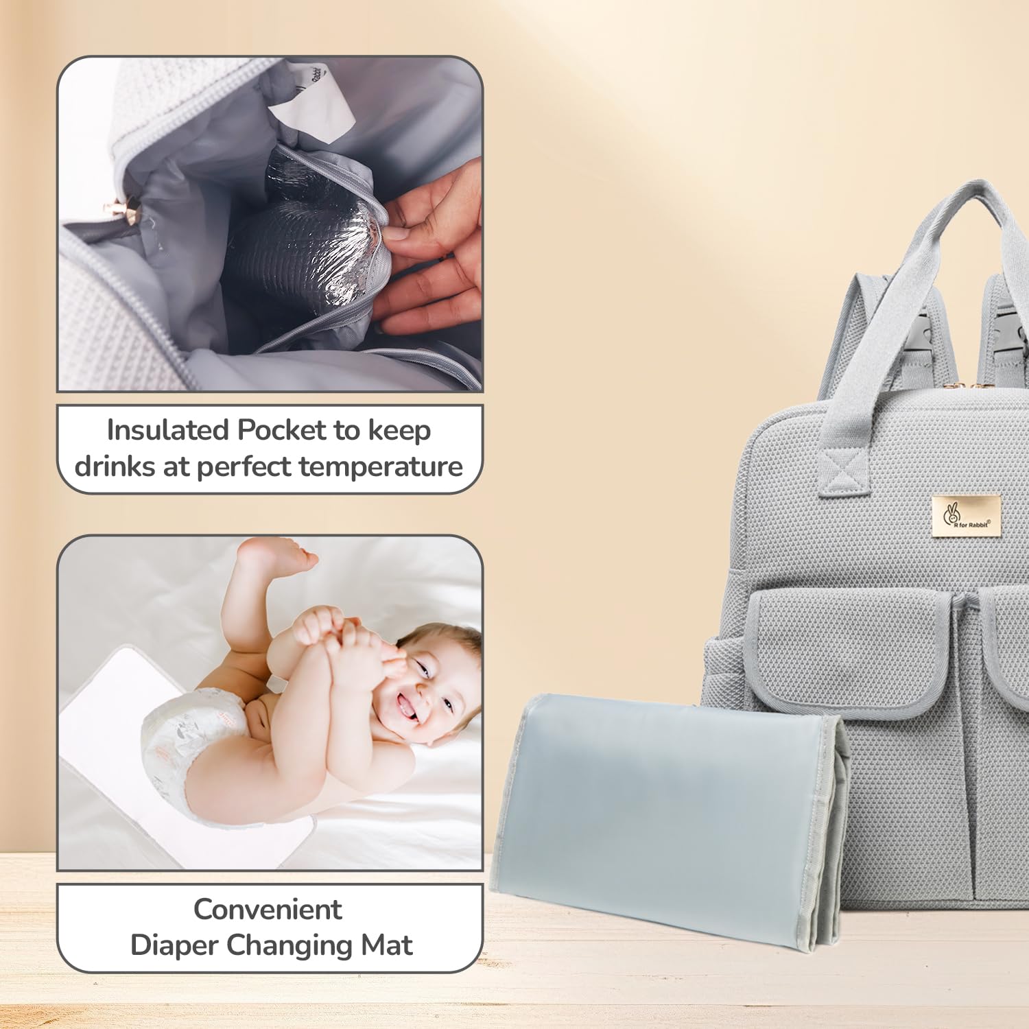 Gray diaper bag with insulated pocket and changing mat on a beige background